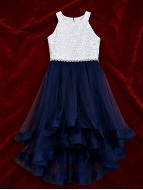 Speechless White Lace and Navy Tulle High-Low Formal Dress